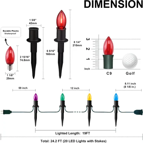 Miniatura 2 de C9 Luces de camino de Navidad para exteriores, 24.2 pies, 20 luces LED con estacas, luces de camino de Navidad impermeables conectables para patio