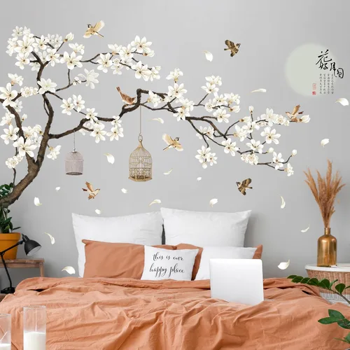 Miniatura 6 de Calcomanías de pared de estilo chino, árbol negro y pájaros voladores, removibles, decoración de pared, murales para niños, guardería, oficina