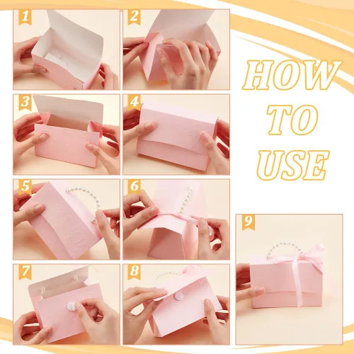 Miniatura 4 de BENECREAT Juego de 12 cajas de recuerdos de boda, caja de papel kraft rosa con mango de perla, cintas, calcomanías, cajas de regalo para cumpleaños