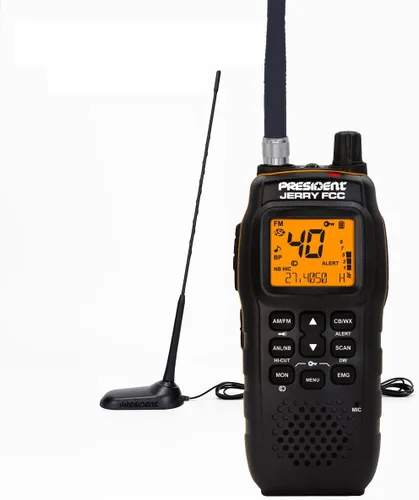 President Road Warrior CB Radio Kit – President Jerry AM/FM Handheld CB Radio con sistema de carga de vehículo y antena Virginia F (ángulo fijo),