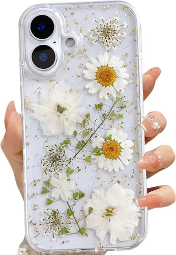 Miniatura 46 de LSEEKA Funda transparente para iPhone 13 Mini/iPhone 12 Mini con diseño de flores reales prensadas, con purpurina, bonito patrón floral blanco, Oro