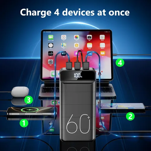 Miniatura 6 de LQHUE Power Bank 60000mAh 22.5W Cargador portátil de carga rápida con linterna, 4 salidas y 3 entradas pantalla LED, gran capacidad, batería externa