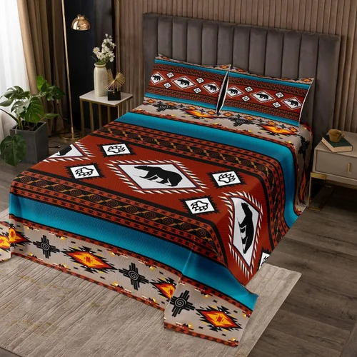 Miniatura 27 de Erosebridal Juego de colcha étnica tribal con flechas geométricas aztecas, acolchado occidental, tribu africana, exótico, atrapasueños, plumas