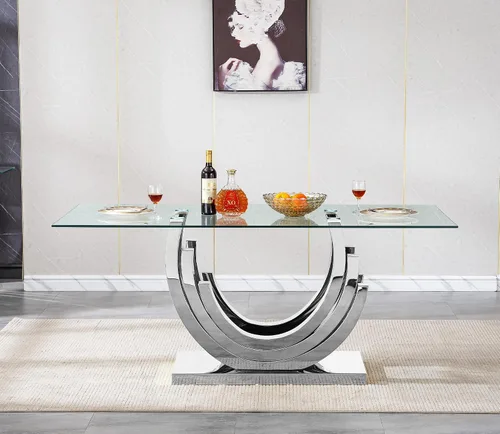 Miniatura 17 de Mesa de comedor de cristal para 6-8 personas, mesa rectangular de comedor de cocina de 70 pulgadas con tapa de vidrio templado y base de acero