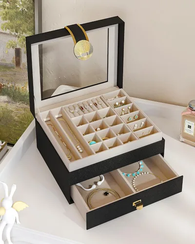 Miniatura 8 de Hzuaneri Joyero de 3 capas, organizador de joyas con tapa de vidrio, 1 soporte individual para joyas, 1 cajón, estuche de joyería de piel sintética