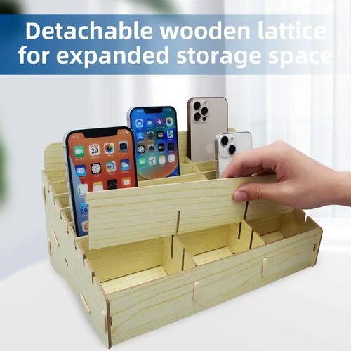 Miniatura 3 de HengTianMei Soporte para teléfono celular de 24 rejillas, organizador de bolsillo para aula, caja de almacenamiento de madera, soporte