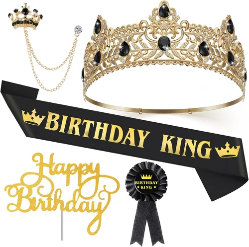 Junkin 5 accesorios de cumpleaños para hombre, incluyen corona de rey con banda de hojalata, broche de cadena colgante para fiesta de cumpleaños de