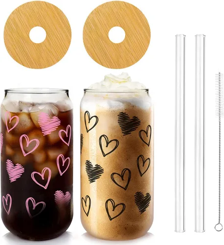 Mason Life Vasos de Café Helado, Tazas de San Valentín Regalos para Ella Mujeres 18 OZ Taza de Corazones Vaso de Cerveza, Vasos para Beber en Pareja