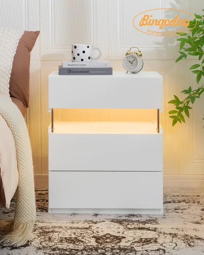 Miniatura 4 de Bingoday Moderna mesita de noche LED con 3 cajones, mesita de noche con luces LED ajustables, mesa auxiliar de almacenamiento grande para Blanco
