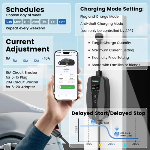 Miniatura 2 de Cargador EV de nivel 1/2, control de corriente ajustable Wi-Fi/App de 16 amperios, enchufe NEMA 5-15 certificado ETL/adaptador NEMA 6-20, retardo