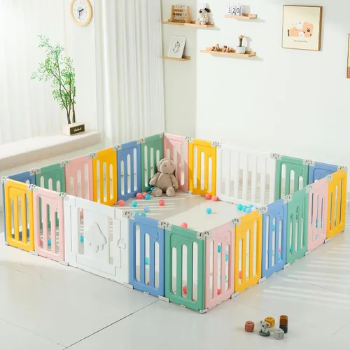 Miniatura 15 de Bestgame - Corralito para bebés - 14 paneles extragrandes plegables para niños pequeños, valla portátil en forma de OVNI, puerta, patio - Azul