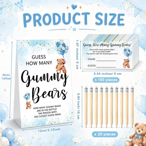 Miniatura 3 de Qilery 122 Piezas Juegos de Baby Shower Adivina Cuántos Osos 100 Tarjetas de Adivinanzas 20 Lápices 1 Botella 1 Cartel de Madera en Pie