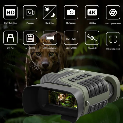 Miniatura 2 de WOSPORTS 4K Night Vision Goggles– 64GB TF Card, 10X Optical & 8X Digital Zoom, 1315FT Infrared Range, IPX Waterproof, Ideal for Camping Verde militar