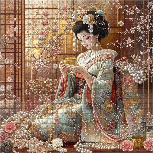 Miniatura 2 de PICKFORU Elegantes rompecabezas de geisha para adultos de 1000 piezas, rompecabezas retro con kimono de flor de cerezo, rompecabezas de arte japonés