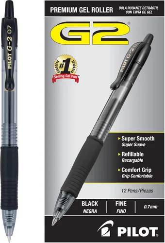Pilot G2 - Bolígrafos de gel de alta calidad de 0.7, punta fina para escritura suave, color negro, paquete de 12