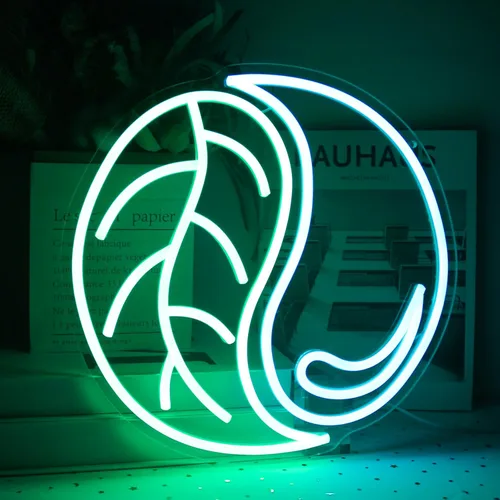 Miniatura 4 de Yin Yang - Letrero de neón de hoja verde neón azul claro de gota de agua para pared, letreros de neón de Tai Chi para dormitorio, letrero de pared