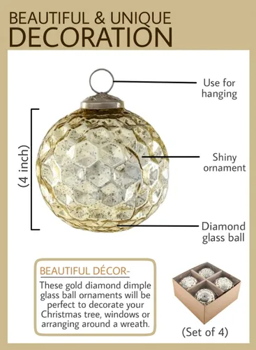 Miniatura 7 de Serene Spaces Living Juego de 4 adornos de bola de cristal con forma de diamante dorado para árbol de Navidad, decoración de vacaciones, Pascua