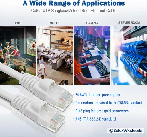 Miniatura 6 de CableWholesale Cable de conexión Ethernet Cat6a blanco de 7 pies, sin enganches/arranque con conector RJ45, 500 MHz, 24 AWG, UTP