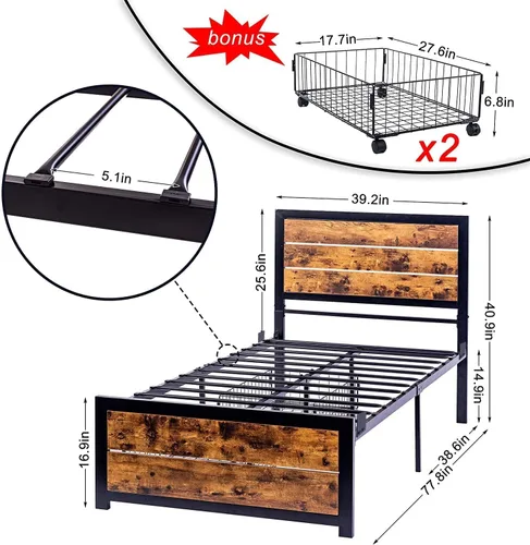 Miniatura 2 de DHMAKER Base de cama individual de plataforma con almacenamiento, marco de cama de metal con cabecero, soporte de listones de acero fuerte, marco