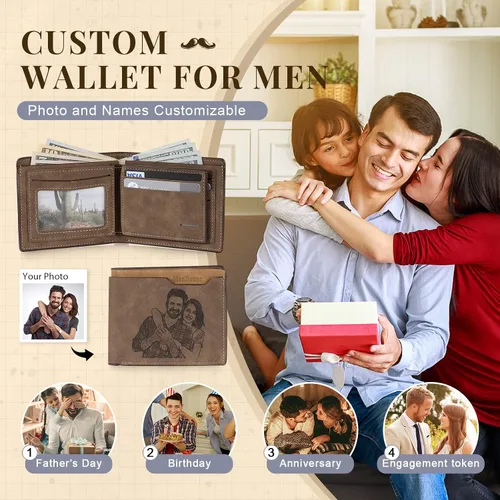 Miniatura 12 de Carteras personalizadas para hombres, cartera personalizada para hombre con imagen grabada y nombre, billetera delgada de cuero plegable, regalos