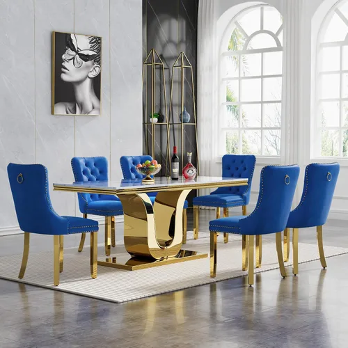 Miniatura 15 de Juego de mesa de comedor de mármol de lujo de 70 pulgadas para 4, juegos de mesa de cocina blanco y dorado para 4, mesa de comedor moderna de mármol