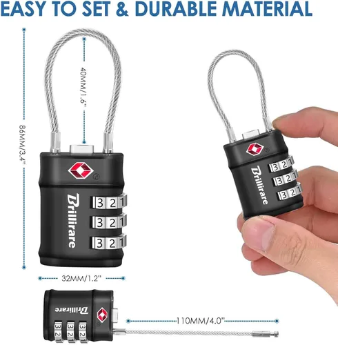 Miniatura 2 de Paquete de 4 cerraduras de equipaje aprobadas por la TSA, cerradura de cable de viaje combinada, candado impermeable de 3 dígitos, cerradura