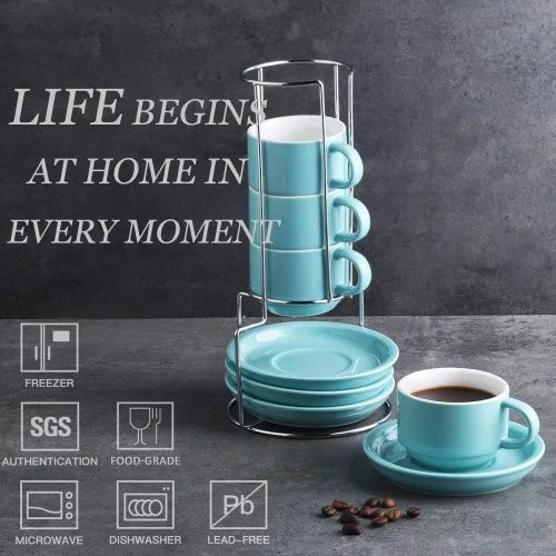 Miniatura 2 de Sweejar - Tazas de café de porcelana con platillos, tazas de capuchino apilables de 4 onzas con soporte de metal para bebidas de café, café