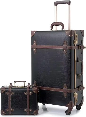 urecity Juego de 2 maletas vintage, maleta retro con ruedas para hombres y mujeres, lindo juego de equipaje de viaje de diseñador con bolsa de