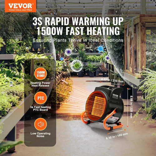 Miniatura 2 de VEVOR Calentador de invernadero, 1500 W PTC, calentamiento rápido con protección contra sobrecalentamiento, ventilador de tienda de cultivo pequeño