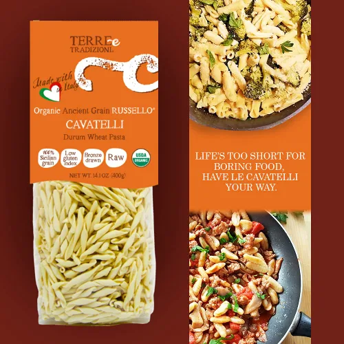 Miniatura 3 de 3 paquetes de pastas de trigo italiano orgánico durum, cavatelli – Russelló de grano antiguo siciliano vegano elaborado en Italia. Índice bajo