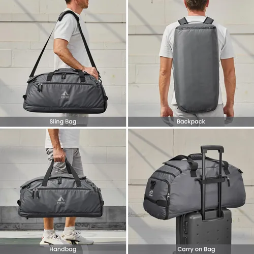 Miniatura 3 de G4Free Bolsa de gimnasio de 60 L, bolsa de lona de 3 vías con compartimento para zapatos y bolsillo húmedo para hombres y mujeres, mochila de lona