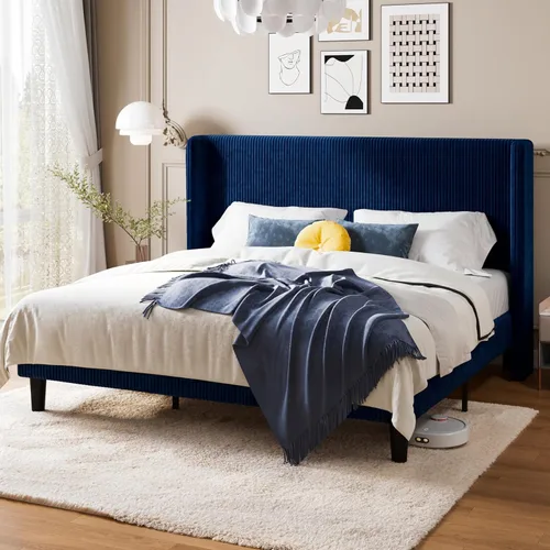 Miniatura 12 de Allewie - Base de cama tamaño Queen con cabecera tapizada de ala de respaldo, plataforma de cama de terciopelo corduroy acolchado con diseño Negro