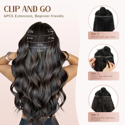 Miniatura 6 de Extensiones de cabello con clip para mujer, negro natural con reflejos marrones, 20 pulgadas, 6 piezas, extensiones de cabello largo, ondulado