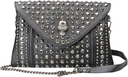 Miniatura 7 de Bolso de mano con cadena de remache para mujer, bolso de mano pequeño de piel sintética, bolso de hombro con asa superior, color negro