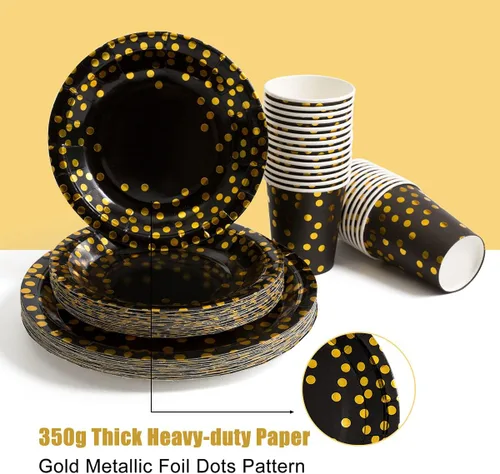 Miniatura 2 de HOMIX Suministros de fiesta negros y dorados, 175 piezas, platos desechables de papel negro, servilletas, vasos, tenedores de plástico dorado