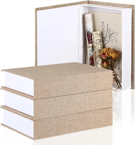 Miniatura 10 de Tioncy Caja de libros falsos de lino neutro, 3 piezas, decoración de imitación para decoración del hogar, estantes, mesa, tarjetas, fotos, regalo