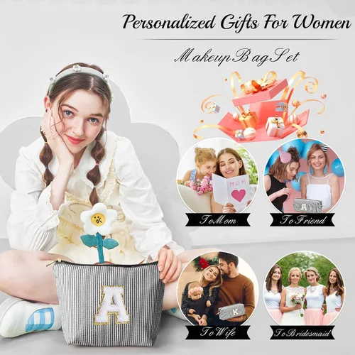 Miniatura 3 de YOOLIFE Regalos del Día de la Madre para Mujeres, Bolsa de Maquillaje con Iniciales, Bolsa de Maquillaje para Viaje, Bolsa de Maquillaje Negro