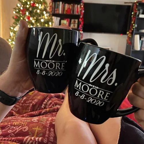 Miniatura 5 de My Personal Memories Juego de 2 tazas personalizadas de café con leche de 16 onzas para parejas, regalo personalizado para novia, novio suyo, ella