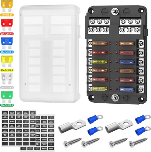 DaierTek Bloque de fusibles de 12 vías, bloque de fusibles de hoja de 12 voltios con indicador LED, caja de fusibles de 12 circuitos 12V, panel de