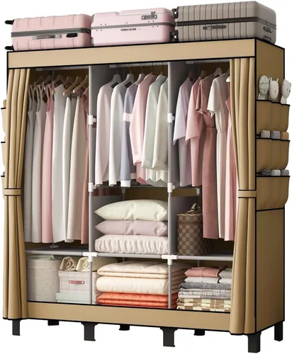 Miniatura 11 de Armario portátil, caja de almacenamiento de ropa, armario simple para colgar ropa, múltiples estantes y 3 barras, 6 bolsillos laterales (negro)