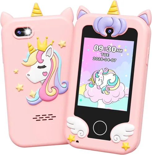 UCIDCI Unicorn - Juguetes de teléfono inteligente para niñas de 3 a 7 años con doble cámara, teléfono para niños pequeños con juegos de aprendizaje,