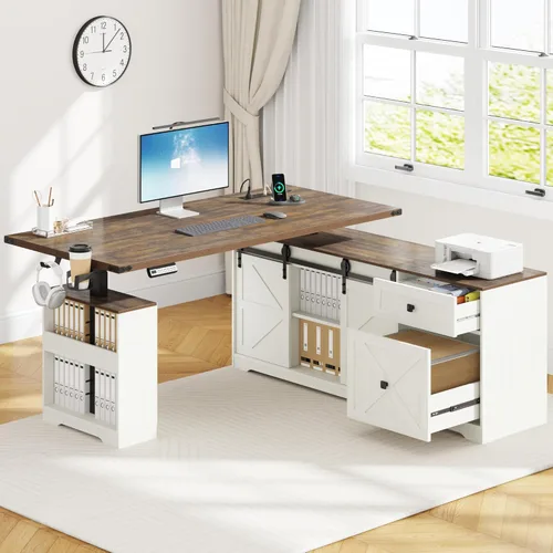Miniatura 10 de St.Mandyu 55" Farmhouse L Shaped Electric Standing Desk with Sliding Door Storage, Height Adjustable Sit Stand Corner Computer Desk with Power