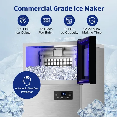 Miniatura 2 de Máquina de hielo comercial de 130 libras/24 horas, máquina de hielo mejorada de 15 pulgadas de ancho debajo del mostrador con capacidad de hielo