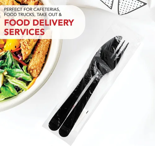 Miniatura 6 de Party Essentials Juego de utensilios de plástico resistentes envueltos individualmente, 50 juegos para catering de fiestas, Negro
