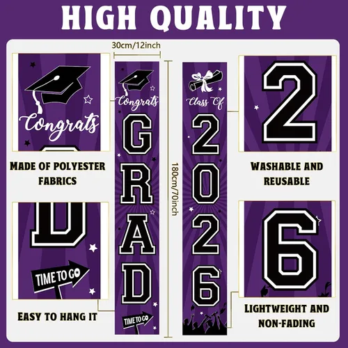 Miniatura 3 de Cartel de graduación 2026, decoraciones de graduación negro y dorado, letrero de porche de clase de 2026, decoración de puerta de felicitaciones