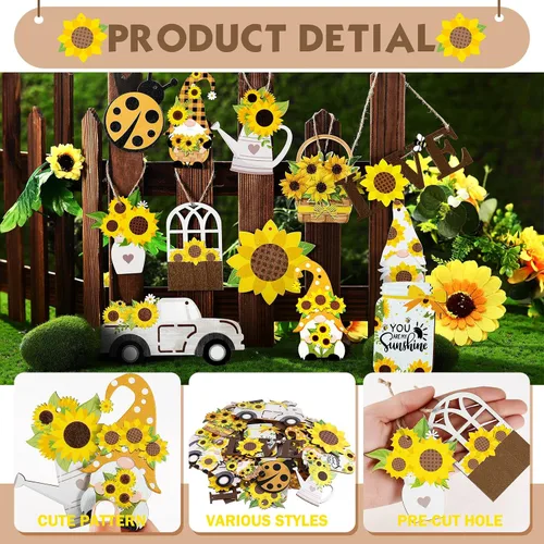 Miniatura 4 de Paquete de 48 adornos de gnomo de girasol para árbol de verano, colgante de madera con flores amarillas, decoraciones de fiesta de verano, recuerdos