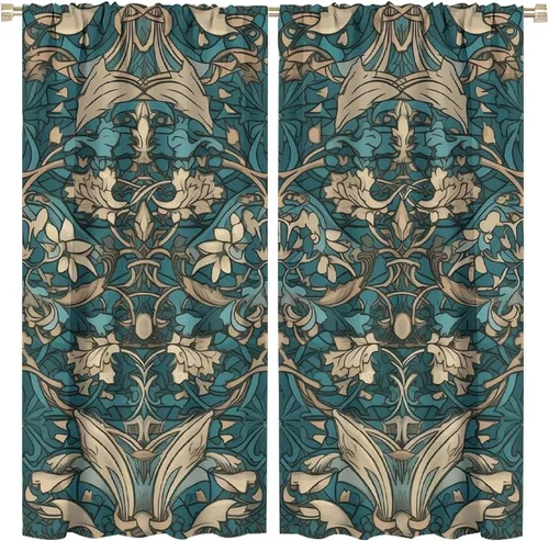 William Morris - Cortina retro vintage bohemia con estampado botánico de plantas para sala de estar, dormitorio, cocina, bolsillo para barra,