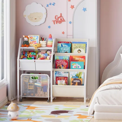 Miniatura 8 de Estantería para niños y organizador de almacenamiento de juguetes, estante de 3 niveles para habitaciones de niños con cajón móvil, estantería