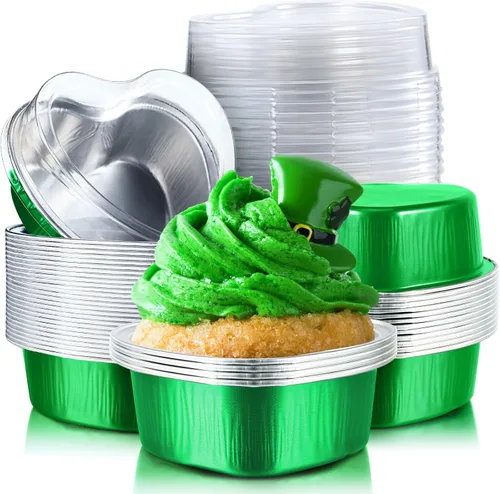 Molde de aluminio para tartas en forma de corazón con tapas, 3.4 fl oz/3.4 onzas, mini taza desechable para magdalenas, tazas para hornear para San