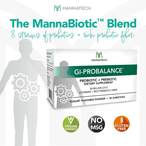 Miniatura 4 de Mannatech Prebióticos y probióticos, 30 slimsticks, sabor a yogur, GI-ProBalance con mezcla MannaBiótica, polvo pre y probióticos para la salud